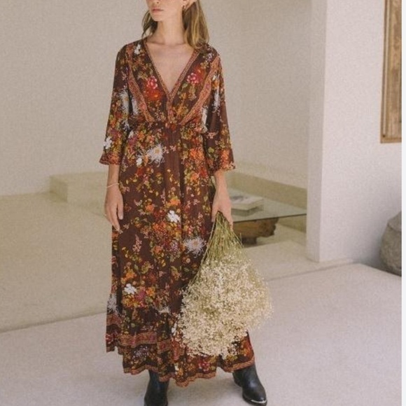 NWT Aura the Label Maroon Vintage Floral Peasant Dress - Picture 1 of 14